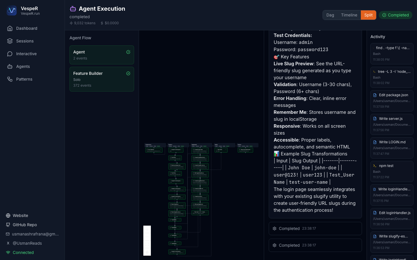 VespeR agent execution timeline and flow